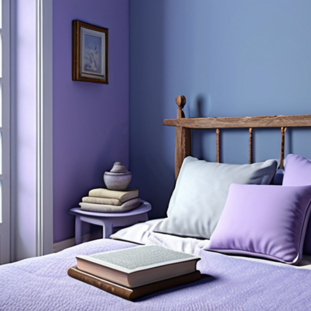 **Prompt:** A serene bedroom with soft blue walls, lavender accents, and natural light, creating a calming and restful atmosphere. Books and meditation cushion are visible.