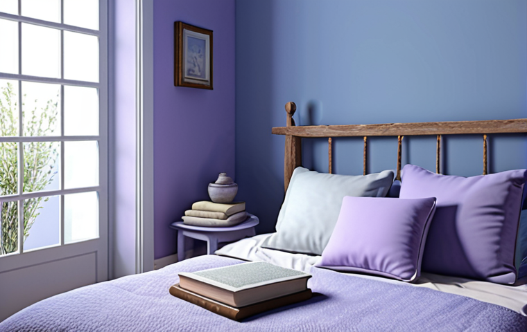 **Prompt:** A serene bedroom with soft blue walls, lavender accents, and natural light, creating a calming and restful atmosphere. Books and meditation cushion are visible.
