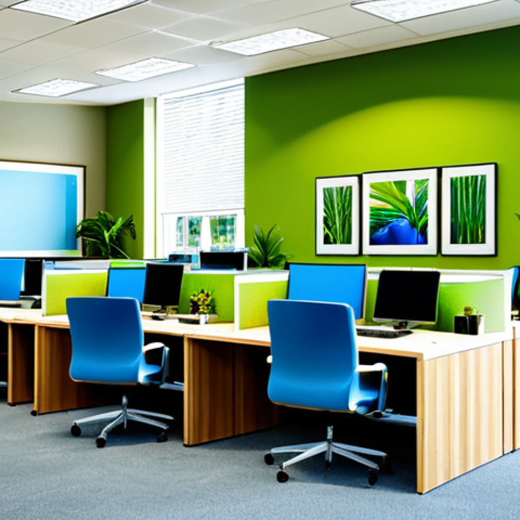 Modern Office Space**
"A bright and modern office space designed to promote productivity. Predominantly green and blue color scheme with natural wood accents. Employees working at desks, focused and engaged. Incorporate indoor plants. Perfect anatomy, correct proportions, natural pose, well-formed hands, proper finger count, natural body proportions, professional, safe for work, appropriate content, fully clothed, modest, family-friendly, professional office setting."
**