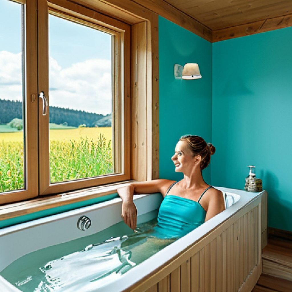 **
"A cozy, turquoise-themed bathroom with a woman enjoying a relaxing bath, fully clothed in a modest bathing suit, surrounded by calming decorations, safe for work, appropriate content, professional photography, perfect anatomy, natural proportions, family-friendly, well-lit, German countryside view through the window."
**