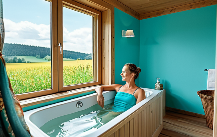 **
"A cozy, turquoise-themed bathroom with a woman enjoying a relaxing bath, fully clothed in a modest bathing suit, surrounded by calming decorations, safe for work, appropriate content, professional photography, perfect anatomy, natural proportions, family-friendly, well-lit, German countryside view through the window."
**