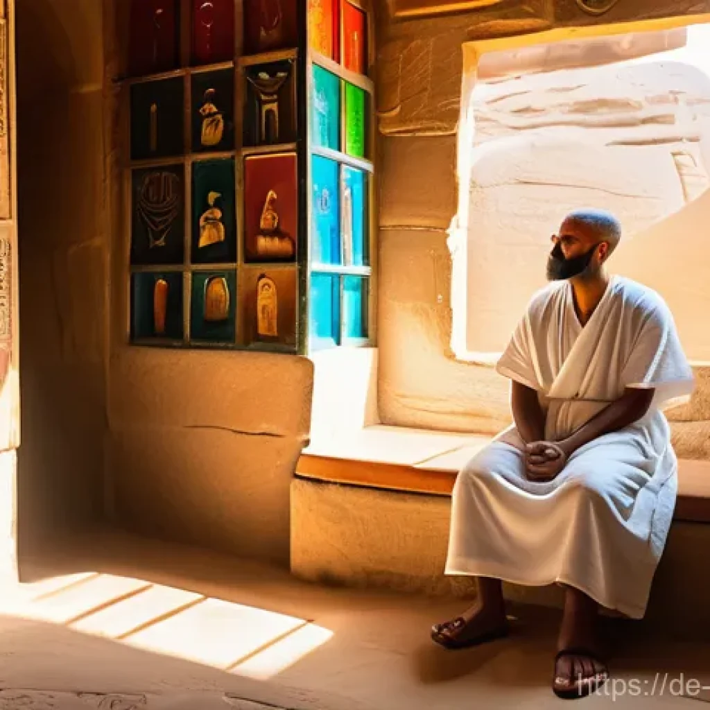 컬러테라피의 역사와 발전 과정 - An ancient Egyptian healing chamber, bathed in soft, filtered sunlight streaming through colored tra...