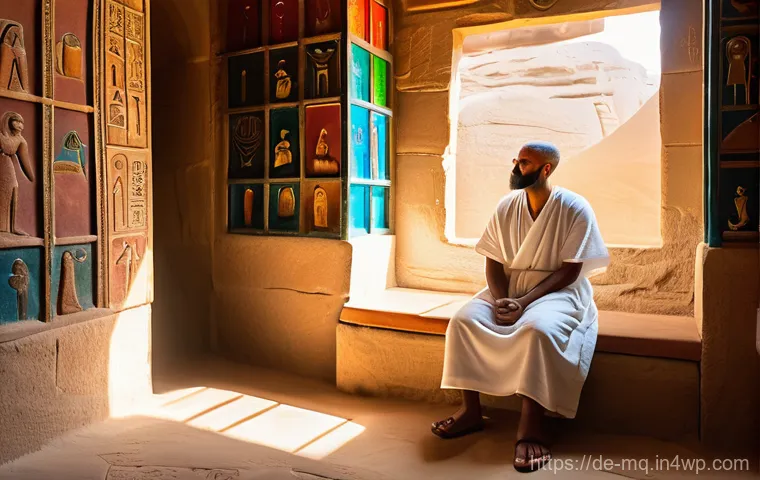 컬러테라피의 역사와 발전 과정 - An ancient Egyptian healing chamber, bathed in soft, filtered sunlight streaming through colored tra...