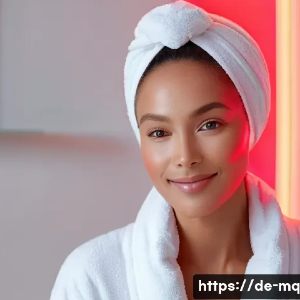 컬러테라피 활용한 피부 관리 방법 - **Red Light Therapy for Youthful Radiance:**
"A serene woman in her early 40s, with a gentle smi...