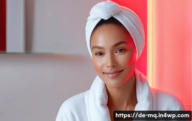 컬러테라피 활용한 피부 관리 방법 - **Red Light Therapy for Youthful Radiance:**
    "A serene woman in her early 40s, with a gentle smi...