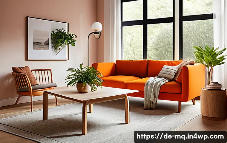 컬러테라피를 통한 자아 발견 과정 - A cozy living room bathed in warm orange tones, featuring soft lighting that creates an inviting atm...