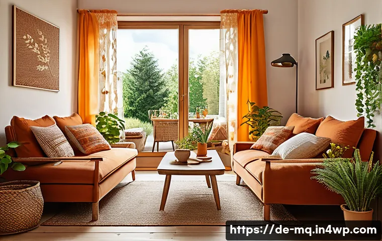 컬러테라피와 마음의 치유 방법 - A cozy German living room bathed in warm earthy tones like terracotta and soft browns, featuring tra...