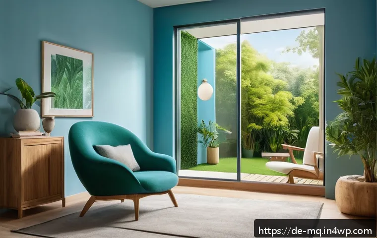 컬러테라피 전문 교육 과정 소개 - A serene therapy room bathed in soft blue and green ambient lighting, featuring a comfortable armcha...