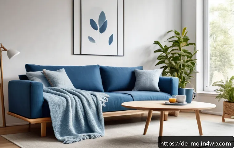 컬러테라피를 통한 스트레스 해소 방법 - A serene modern living room interior bathed in soft natural light, featuring walls painted in calmin...