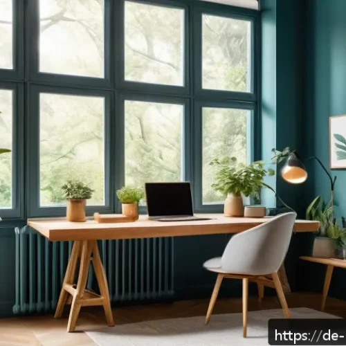 Home 32 컬러테라피와 마음챙김 연습 - A serene modern home office bathed in natural daylight, featuring soft blue and green hues on walls ...