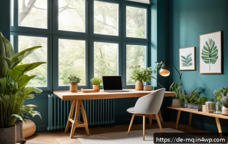 컬러테라피와 마음챙김 연습 - A serene modern home office bathed in natural daylight, featuring soft blue and green hues on walls ...