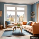 Home 19 컬러테라피의 색상별 사용법 - A cozy modern living room in a German apartment, featuring a harmonious blend of soft blue and warm ...