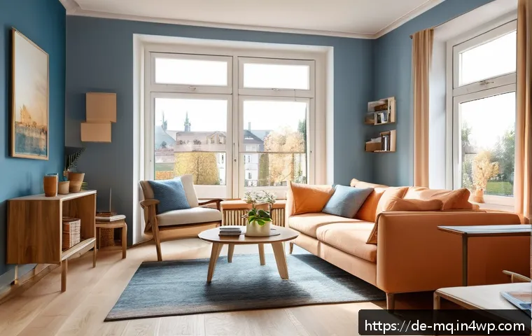 컬러테라피의 색상별 사용법 - A cozy modern living room in a German apartment, featuring a harmonious blend of soft blue and warm ...