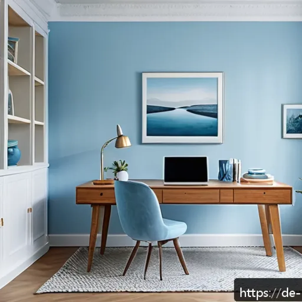 컬러테라피를 통한 긍정적 변화의 사례 - A modern German living room with a calm, cozy atmosphere, featuring soft blue walls and blue decorat...