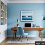 Home 18 컬러테라피를 통한 긍정적 변화의 사례 - A modern German living room with a calm, cozy atmosphere, featuring soft blue walls and blue decorat...