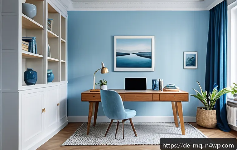 컬러테라피를 통한 긍정적 변화의 사례 - A modern German living room with a calm, cozy atmosphere, featuring soft blue walls and blue decorat...
