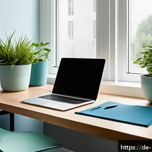 Home 17 컬러테라피의 다양한 접근 방식 - A modern German home office interior bathed in soft mint green and calming blue hues, featuring a sl...