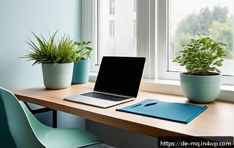 컬러테라피의 다양한 접근 방식 - A modern German home office interior bathed in soft mint green and calming blue hues, featuring a sl...