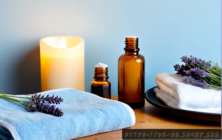 Home 17 컬러테라피와 향기요법의 조화 - Photorealistic wellness still life in a serene German spa setting: soft amber and pale blue color th...